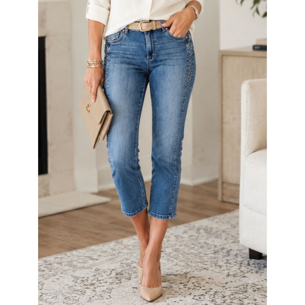 White House Black Market Blanc Slim Crop Jeans Studded Blue Size 12 Mid Rise